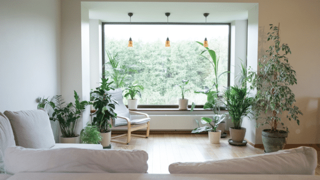 image of living room with large window, plants and wooden flooring to bring the outdoors in with biophilic design